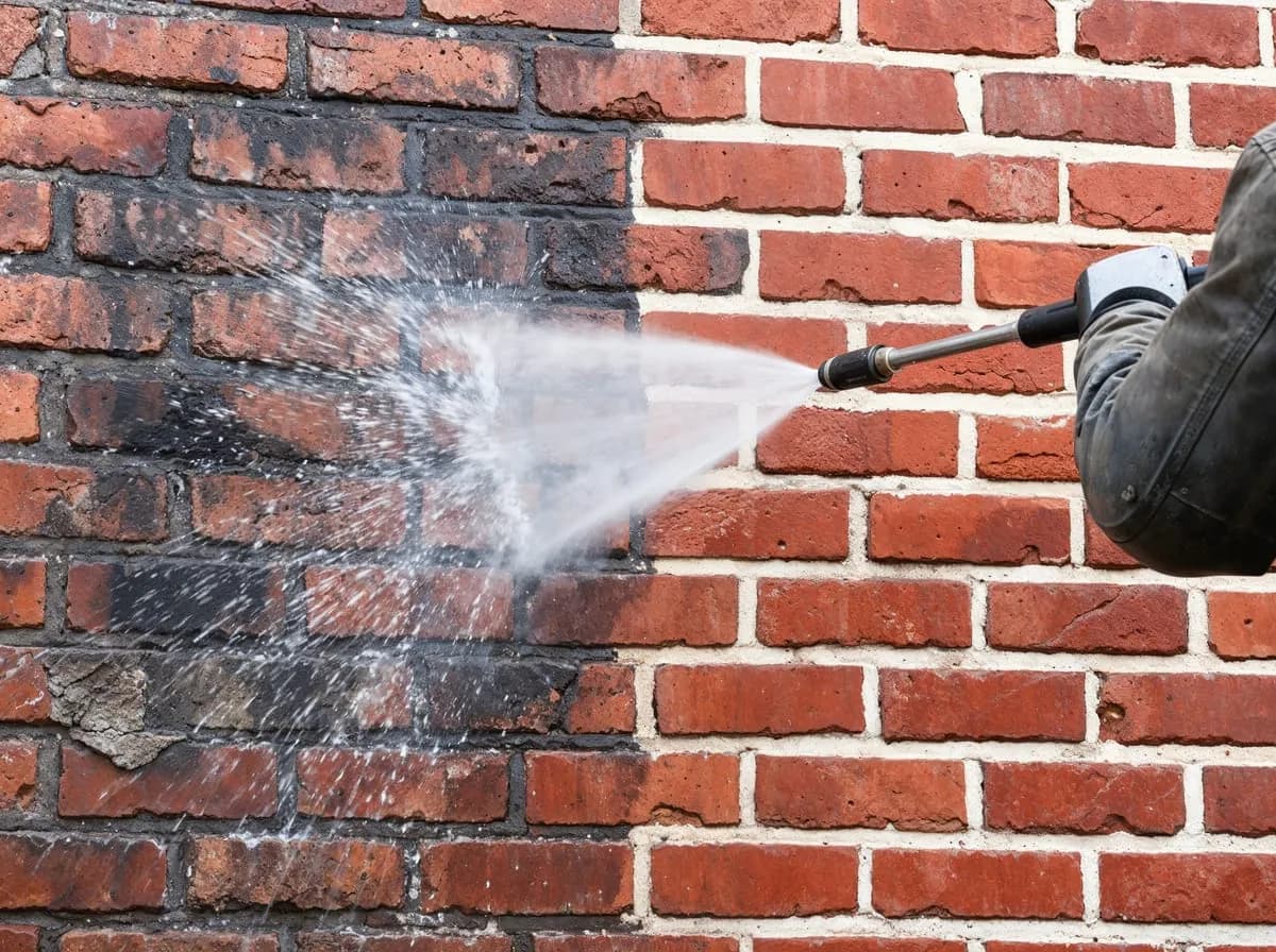 Pressure washing a stained brick wall, clean brick revealed behind the spray