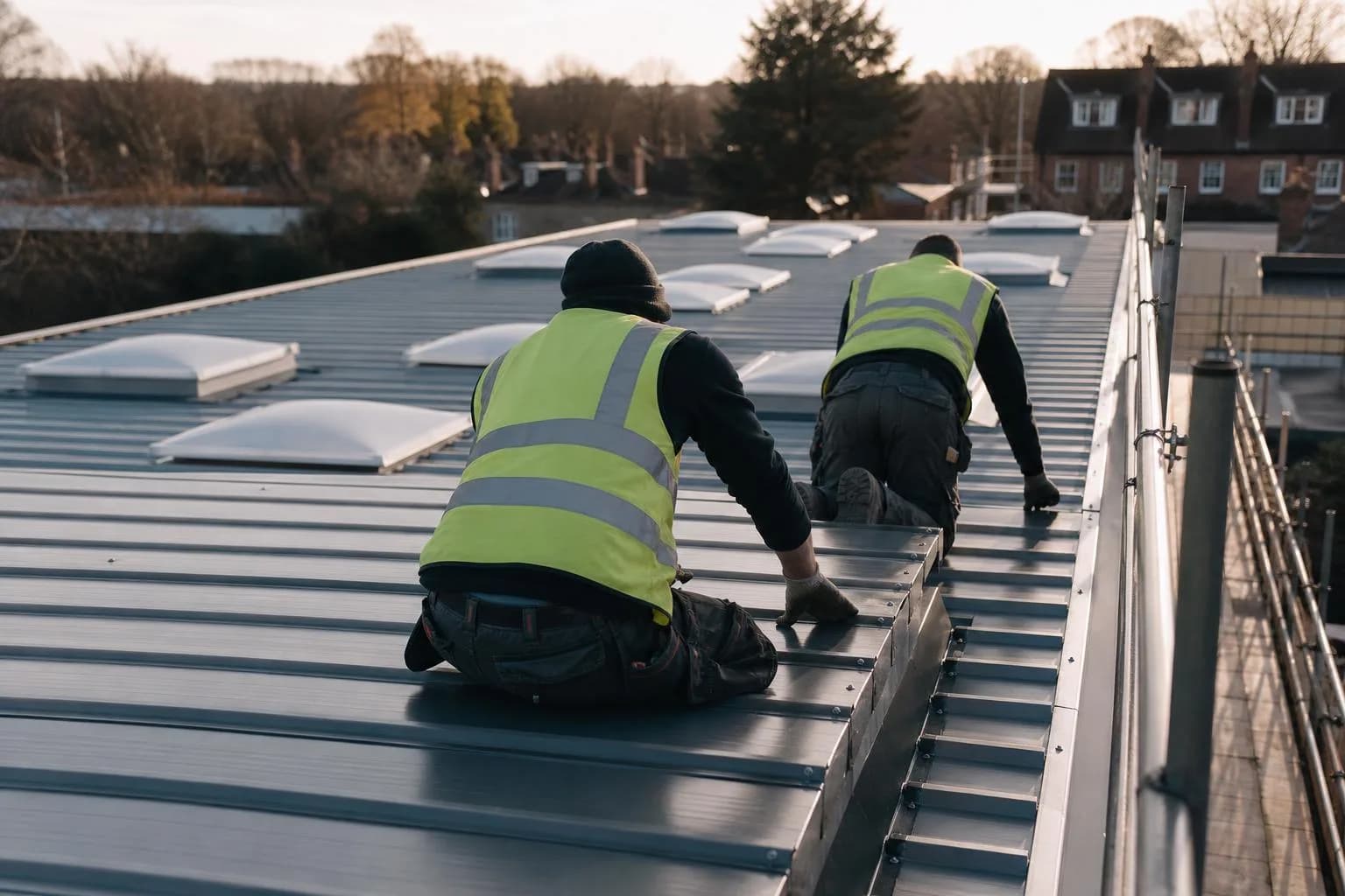 Roofers working on the profiled metal roof of an industrial unit behind edge protection