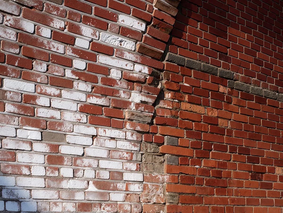 Weathered brickwork with a section of repaired, repointed brick