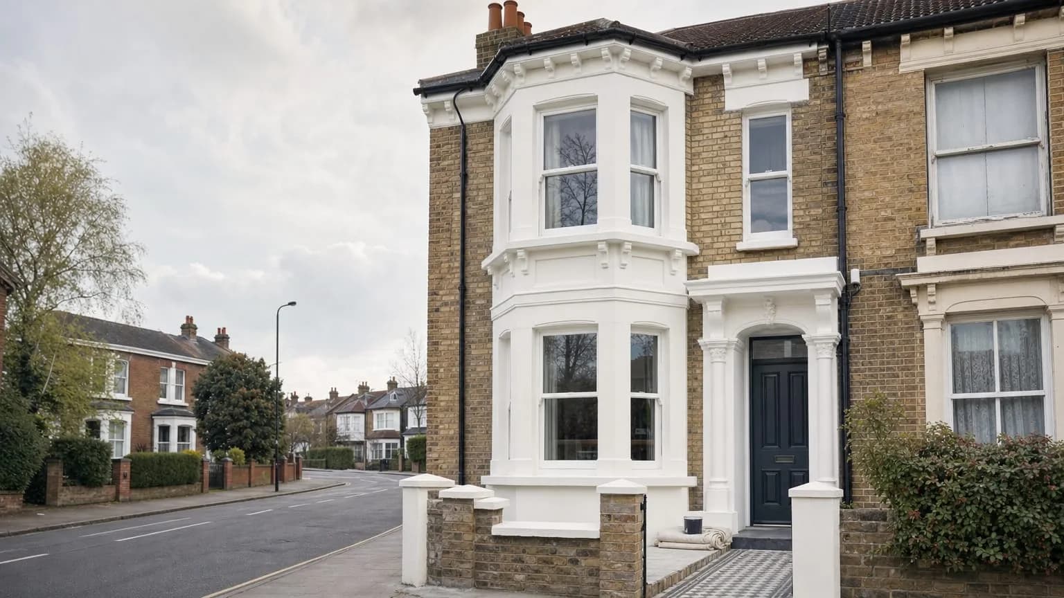 A Victorian terraced house with its bay, porch and sash windows freshly painted white