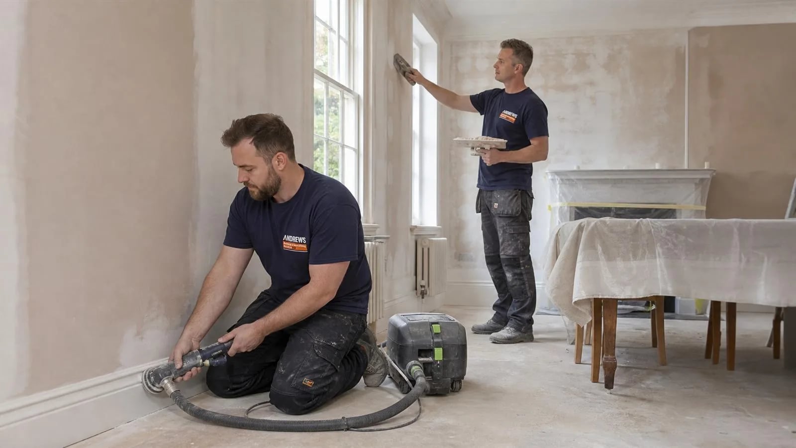 A decorator sanding a wall down with a dust-extracted sander while a colleague skims fresh plaster by the window
