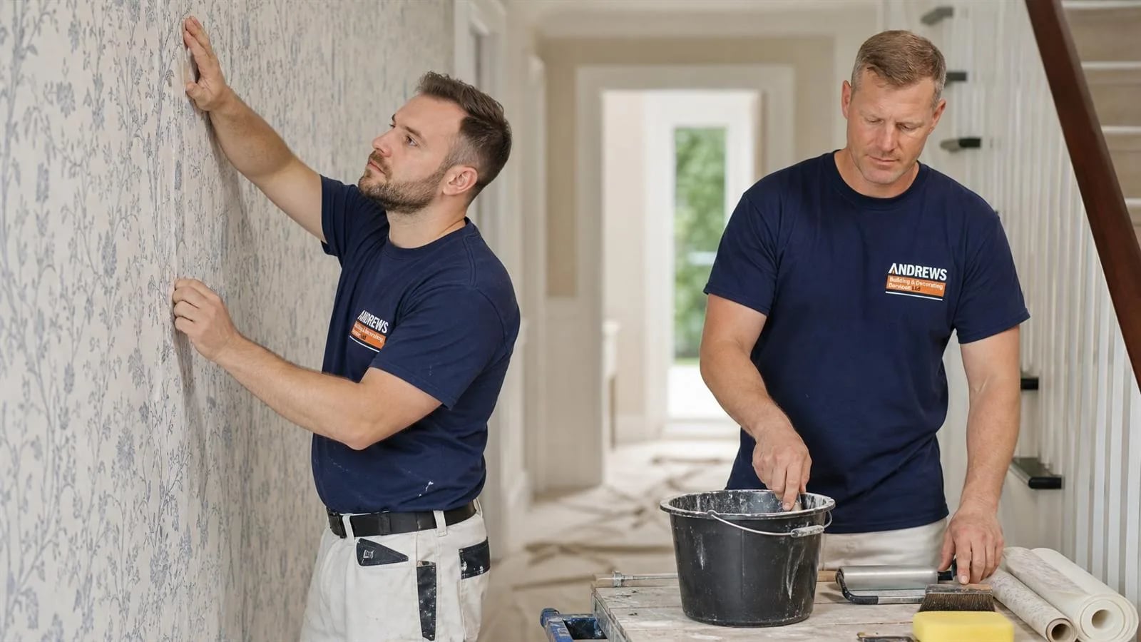 Two decorators hanging patterned wallpaper in a hallway, paste bucket and rolls on the trestle