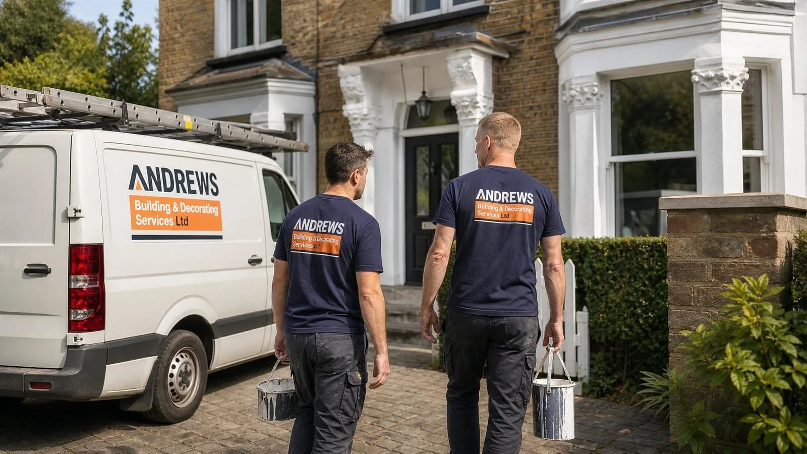Two decorators walking up the drive with paint kettles, the Andrews van alongside