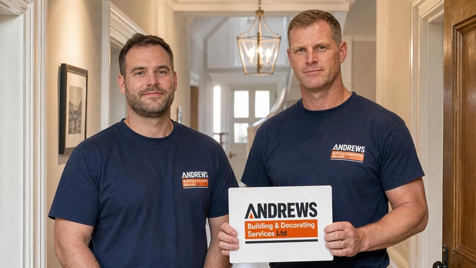 Two Andrews decorators standing in a hallway with the company sign