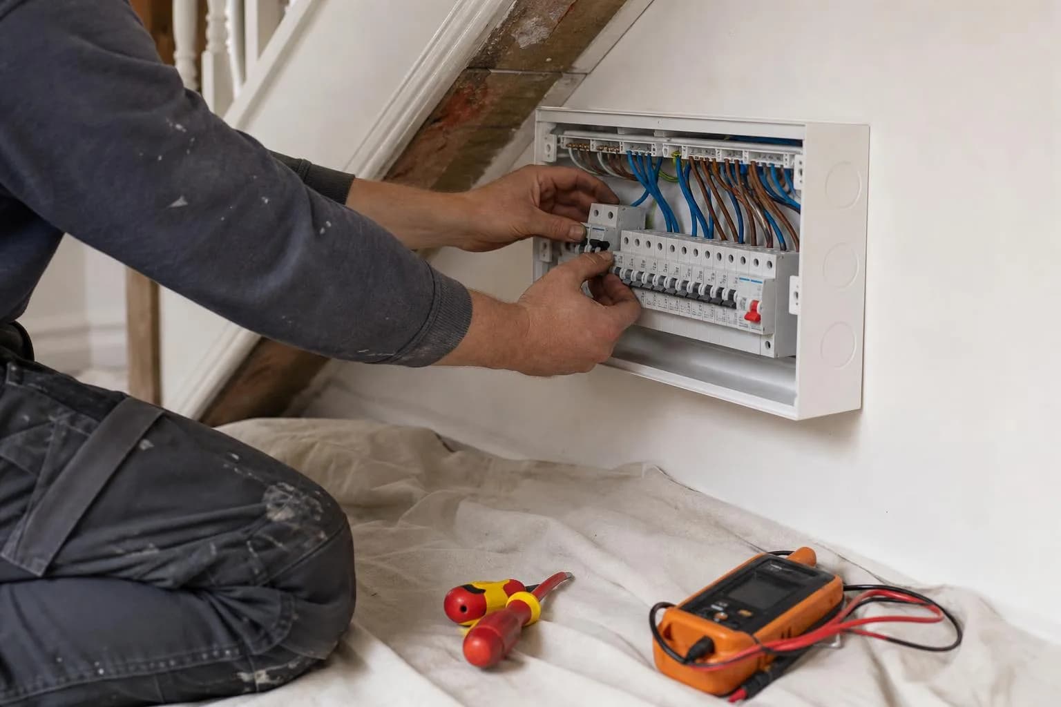 An electrician's hands fitting breakers into a new consumer unit on a wall under the stairs