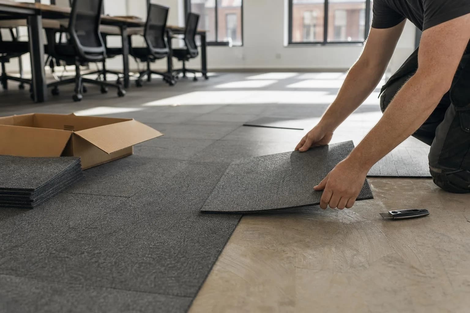 A fitter laying grey carpet tiles across an empty open-plan office floor