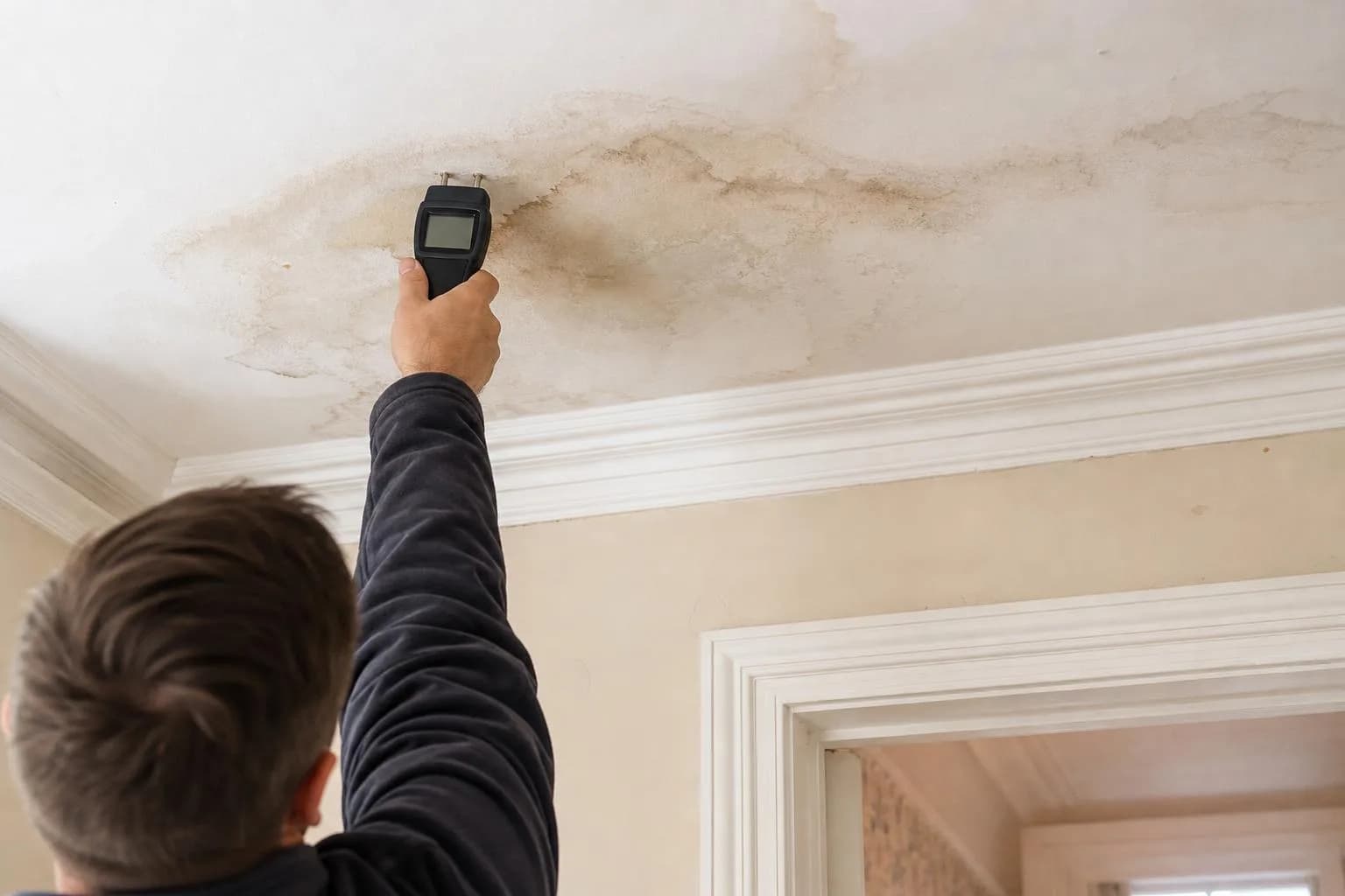 A water stain spreading across a white ceiling below a bathroom