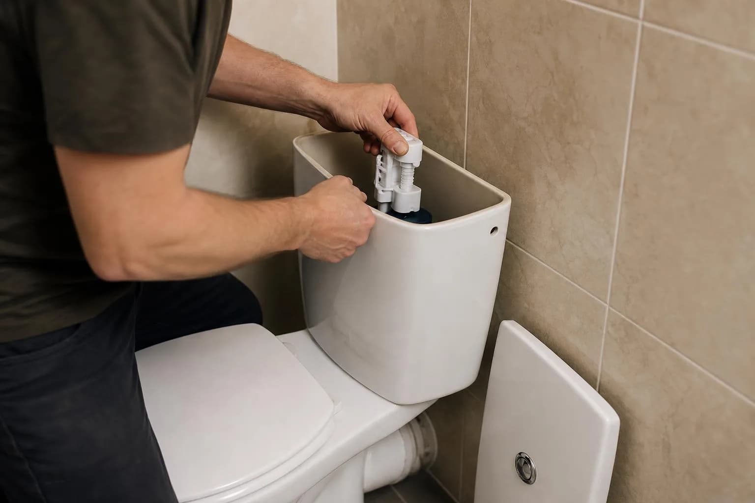 The lid off a toilet cistern while a new fill valve is fitted