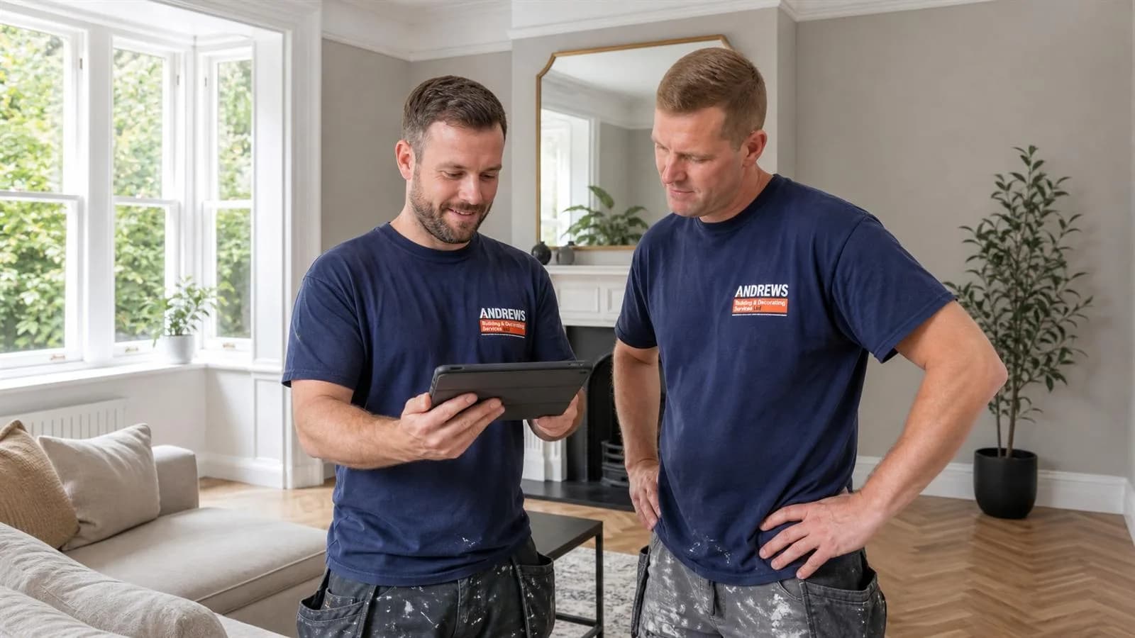 Two decorators going through the job on a tablet in a finished, freshly painted living room